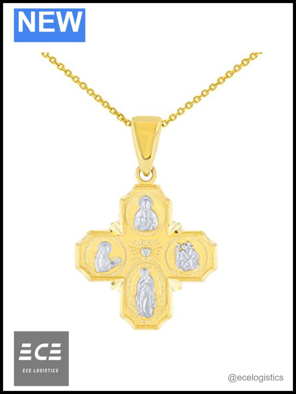 14K Yellow Gold Four Way Cross Pendant Necklace God Bless You